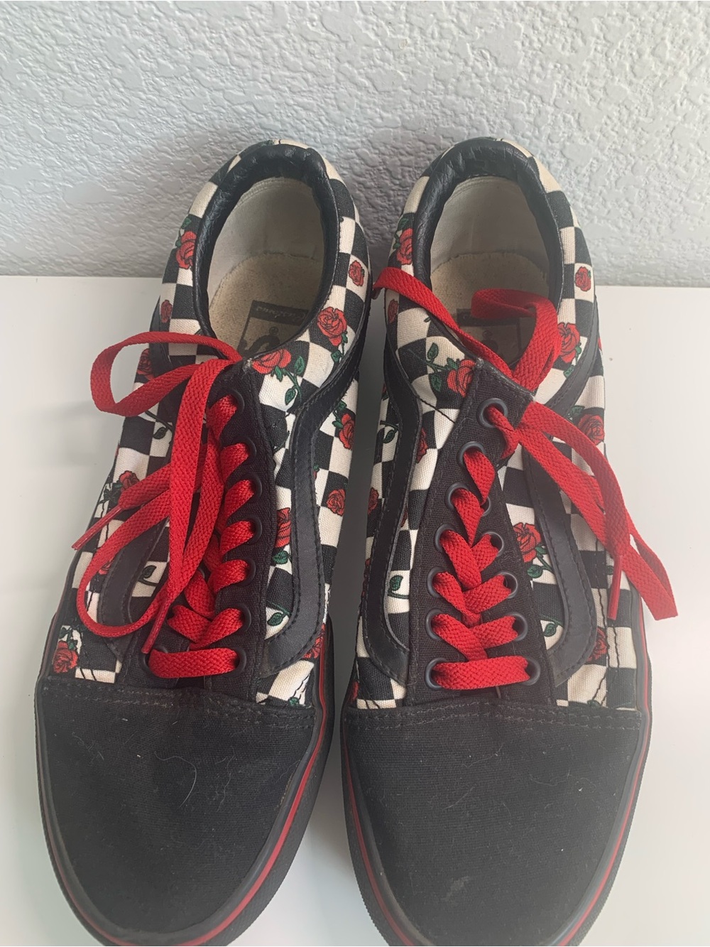 Vans Black, White & Red Rose Checkerboard Low-Top Sneakers